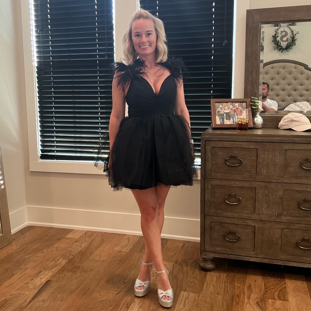 Fashion Nova Black Tulle & Feather Mini Dress- Size Medium